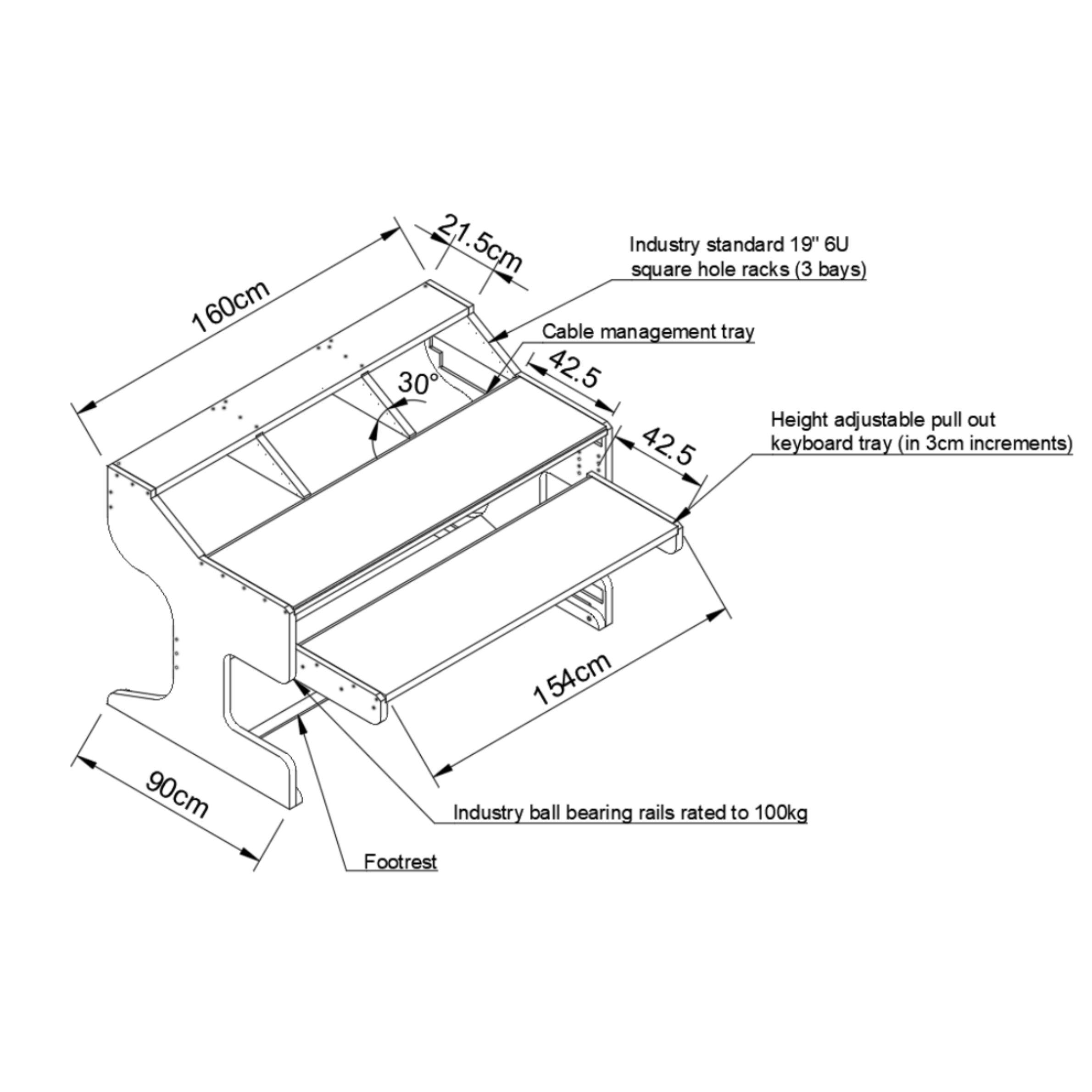 NOVA: Musician's Studio Desk with Rugged Keyboard Tray, Monitor Stand and 6U Racks, 3 Tiered made from Reclaimed Wood
