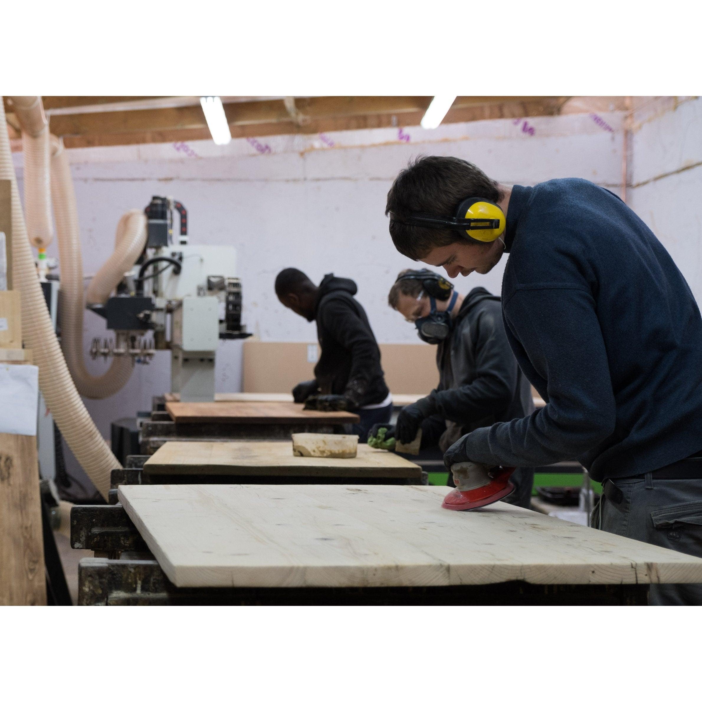 Reclaimed Bevelled Edged Desk with Trapezium Legs and Cabling Holes