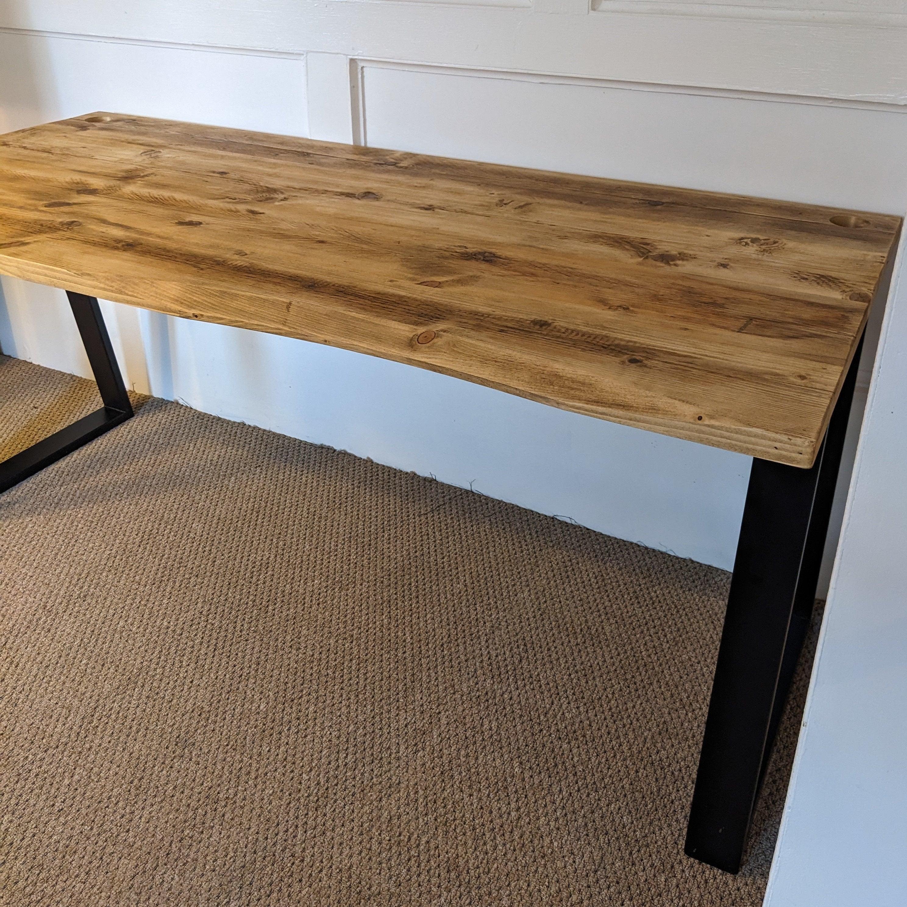 Reclaimed Bevelled Edged Desk with Trapezium Legs and Cabling Holes