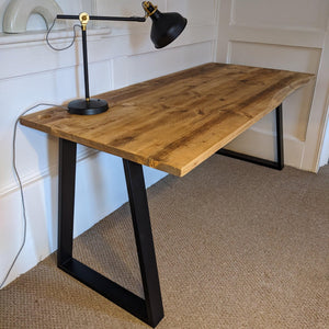 Reclaimed Bevelled Edged Desk with Trapezium Legs and Cabling Holes