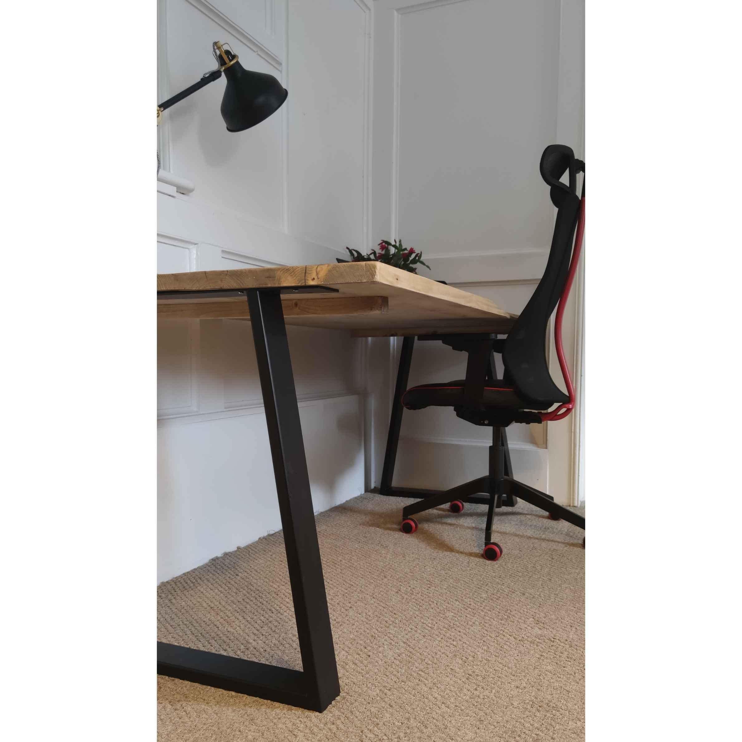 Reclaimed Bevelled Edged Desk with Trapezium Legs and Cabling Holes