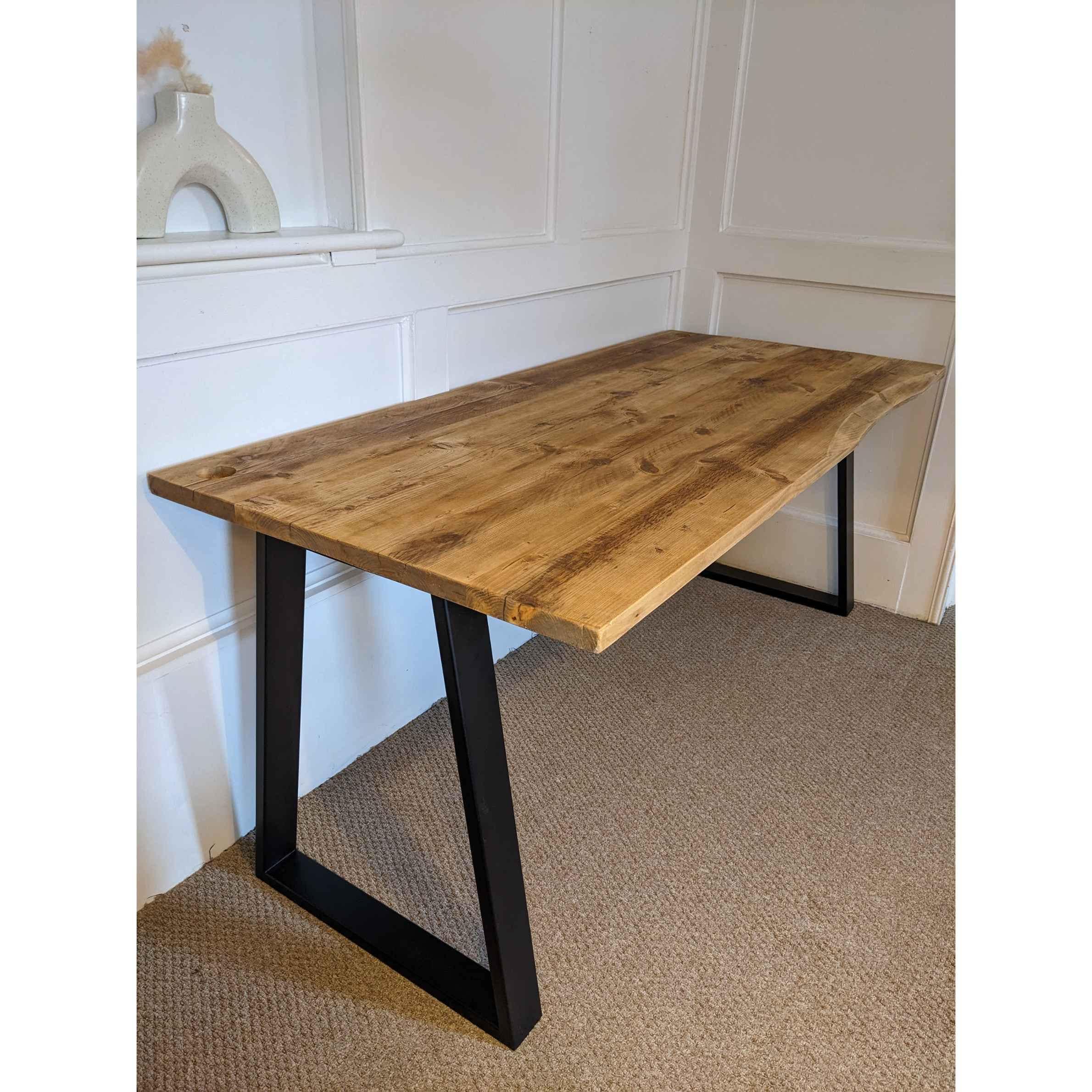 Reclaimed Bevelled Edged Desk with Trapezium Legs and Cabling Holes