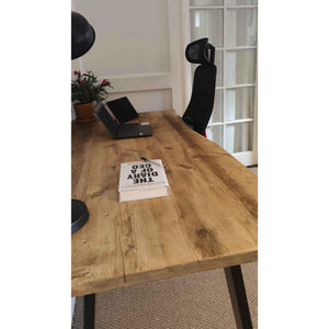 Reclaimed Bevelled Edged Desk with Trapezium Legs and Cabling Holes