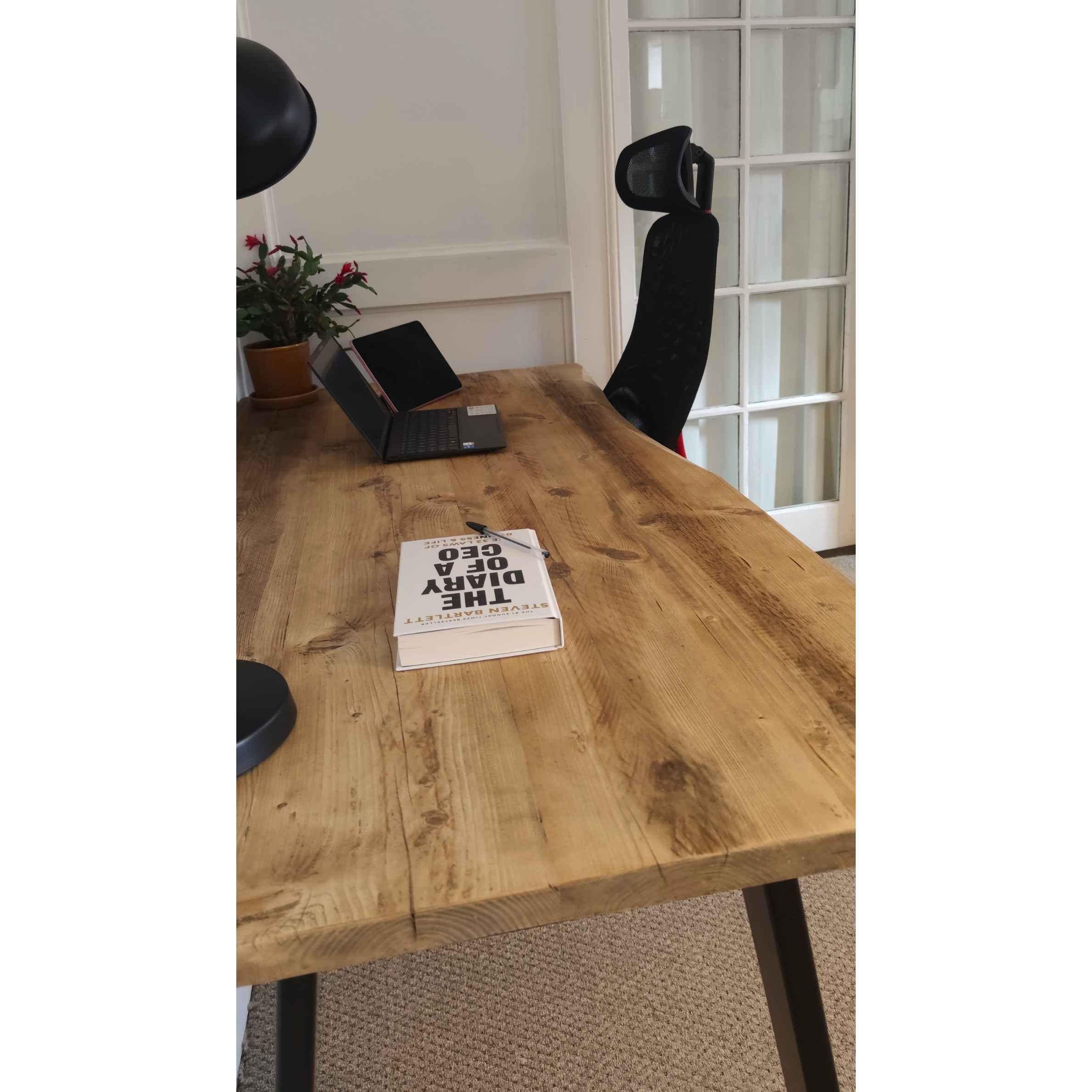 Reclaimed Bevelled Edged Desk with Trapezium Legs and Cabling Holes