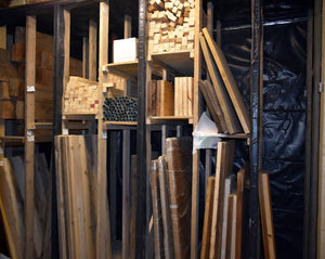 Reclaimed Wood Alcove Office Desk With Black Trapezium Legs and Shelving, CUSTOMISABLE