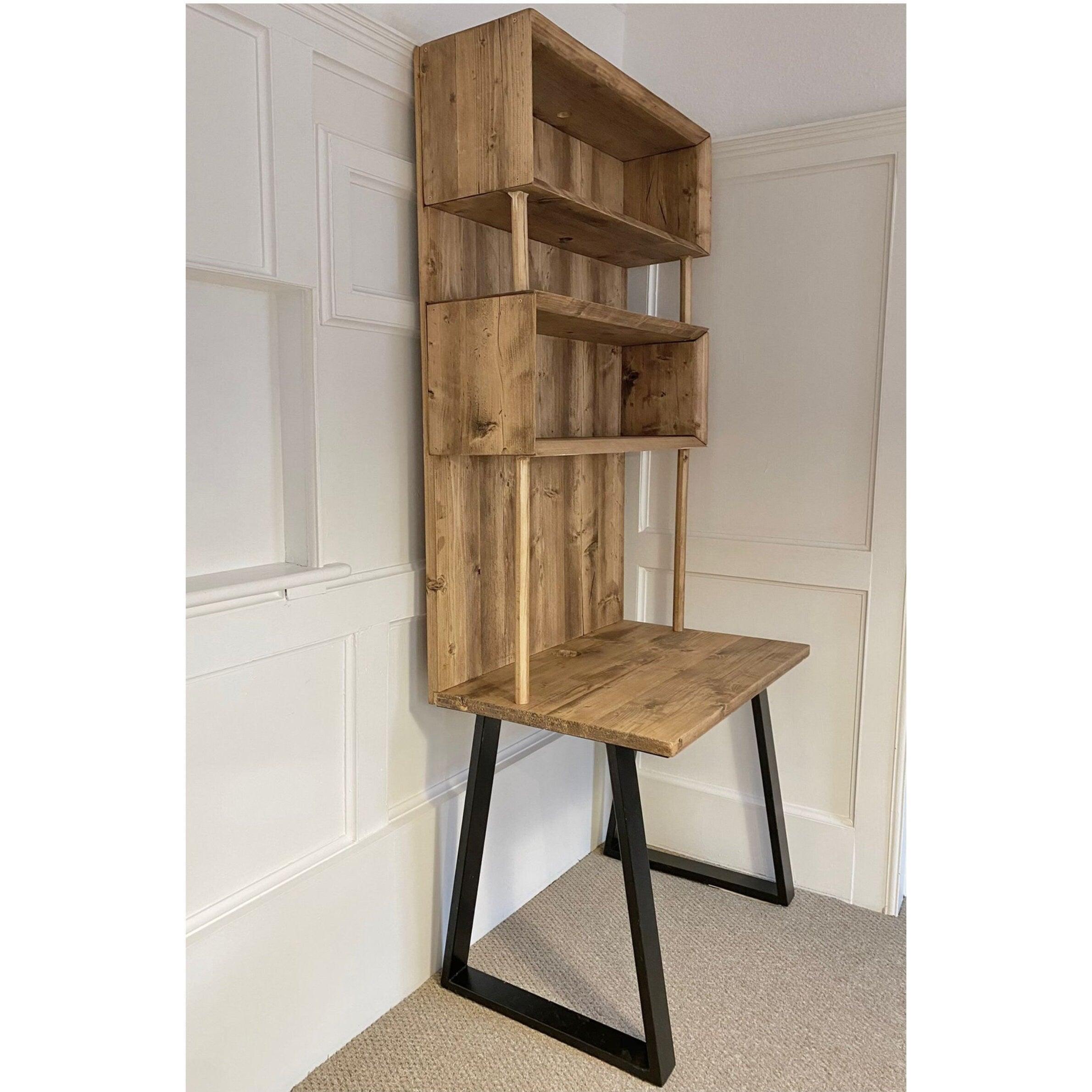 Reclaimed Wood Alcove Office Desk With Black Trapezium Legs and Shelving, CUSTOMISABLE