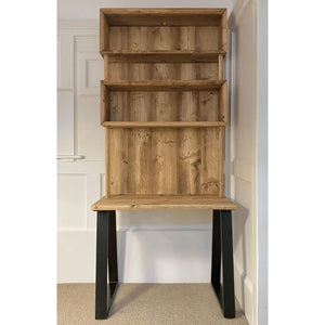 Reclaimed Wood Alcove Office Desk With Black Trapezium Legs and Shelving, CUSTOMISABLE