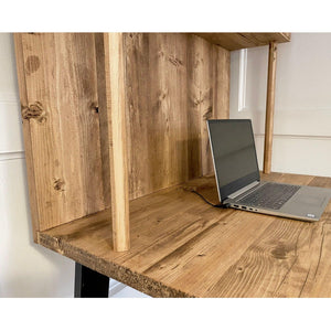 Reclaimed Wood Alcove Office Desk With Black Trapezium Legs and Shelving, CUSTOMISABLE