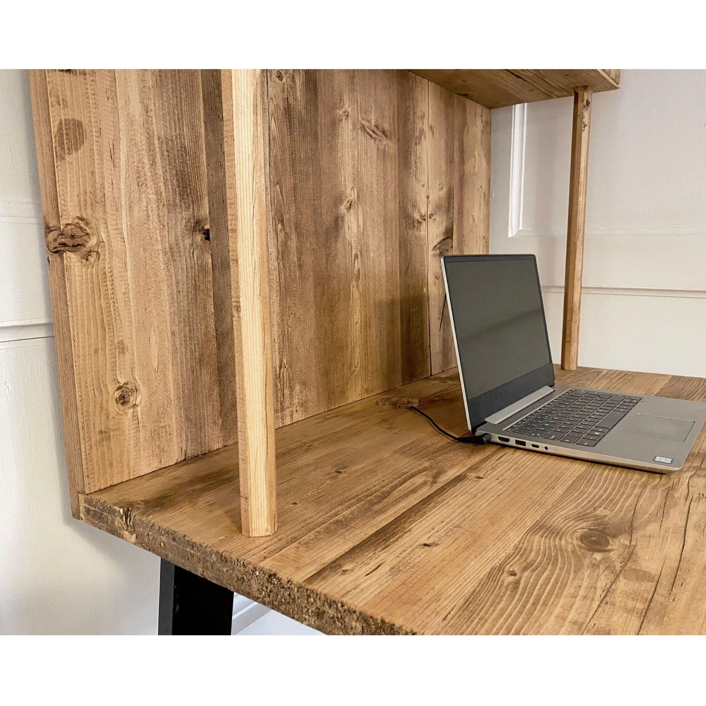 Reclaimed Wood Alcove Office Desk With Black Trapezium Legs and Shelving, CUSTOMISABLE