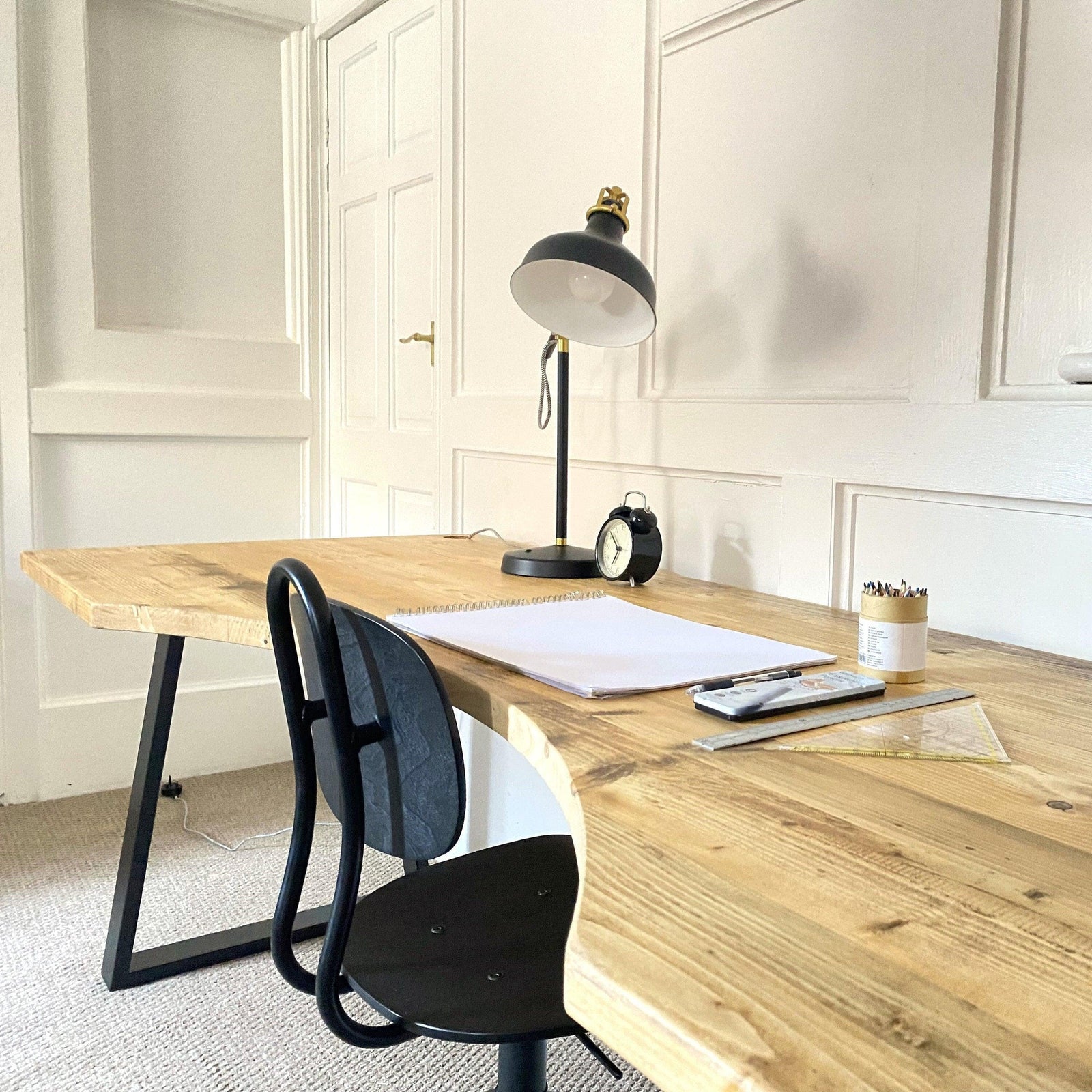 Reclaimed Curved Desk with Trapezium Legs and Cabling Holes