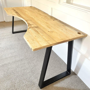 Reclaimed Curved Desk with Trapezium Legs and Cabling Holes