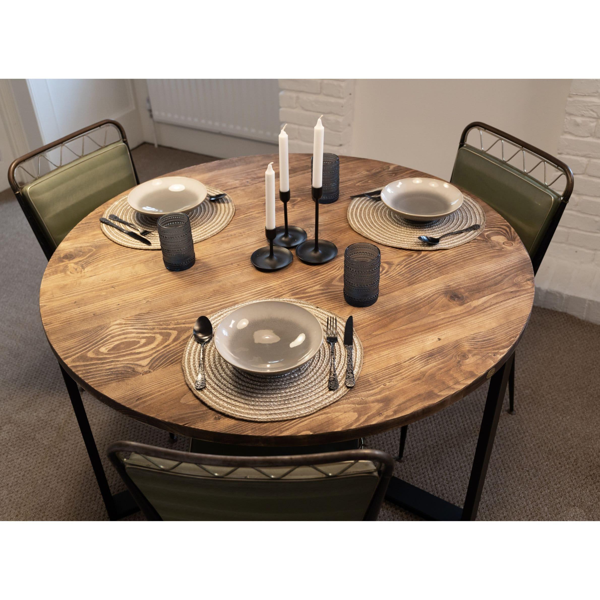 ASTRID: Round Reclaimed Wood Table with Box Steel Legs, Made in the UK