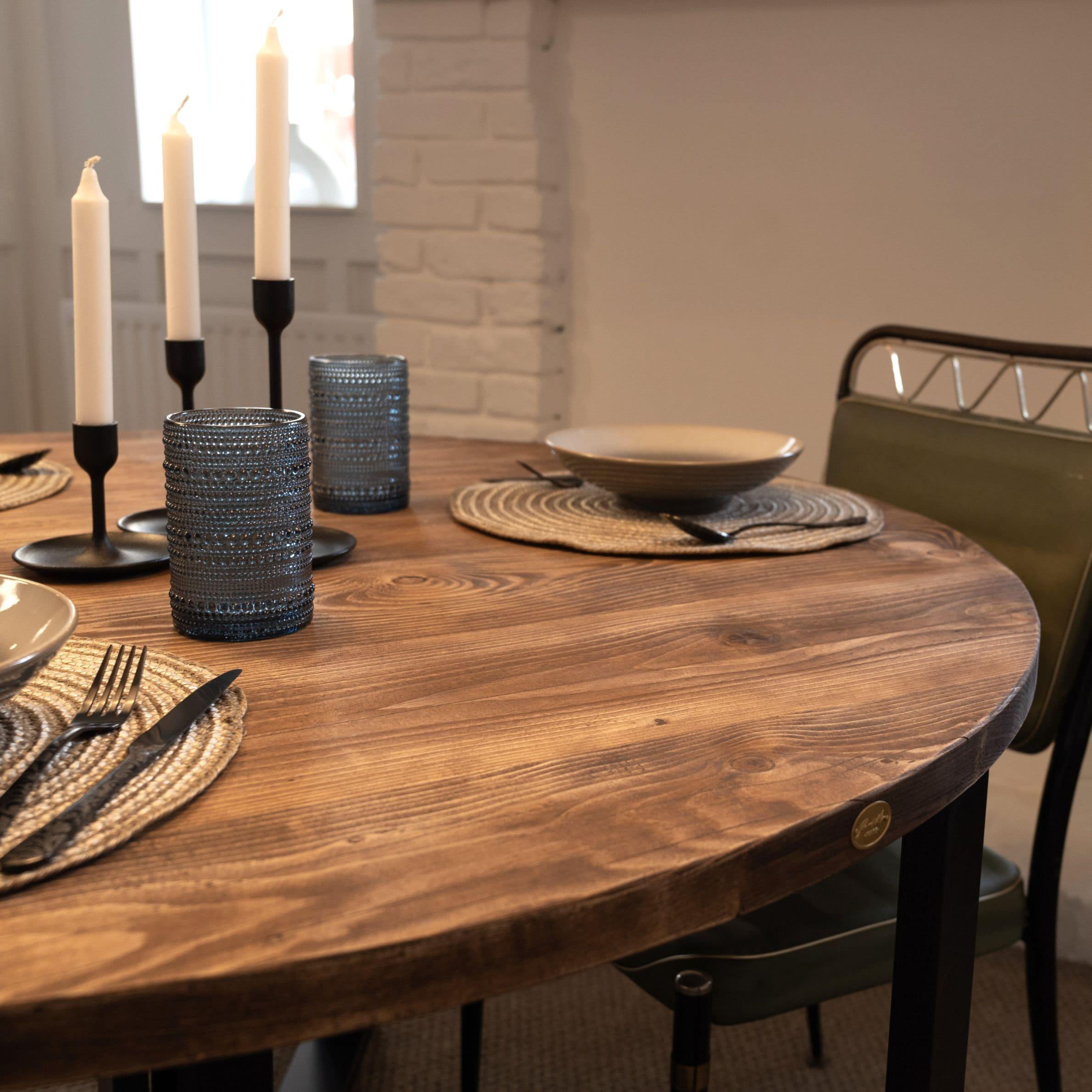 ASTRID: Round Reclaimed Wood Table with Box Steel Legs, Made in the UK