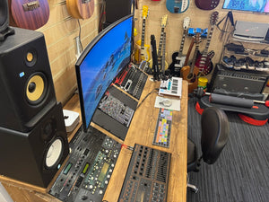 NOVA: Musician's Studio Desk with Rugged Keyboard Tray, Monitor Stand and 6U Racks, 3 Tiered made from Reclaimed Wood