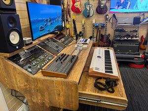 NOVA: Musician's Studio Desk with Rugged Keyboard Tray, Monitor Stand and 6U Racks, 3 Tiered made from Reclaimed Wood
