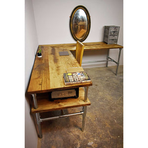TASMINA: Reclaimed Wood Corner Scaffold Desk + Printer Shelf