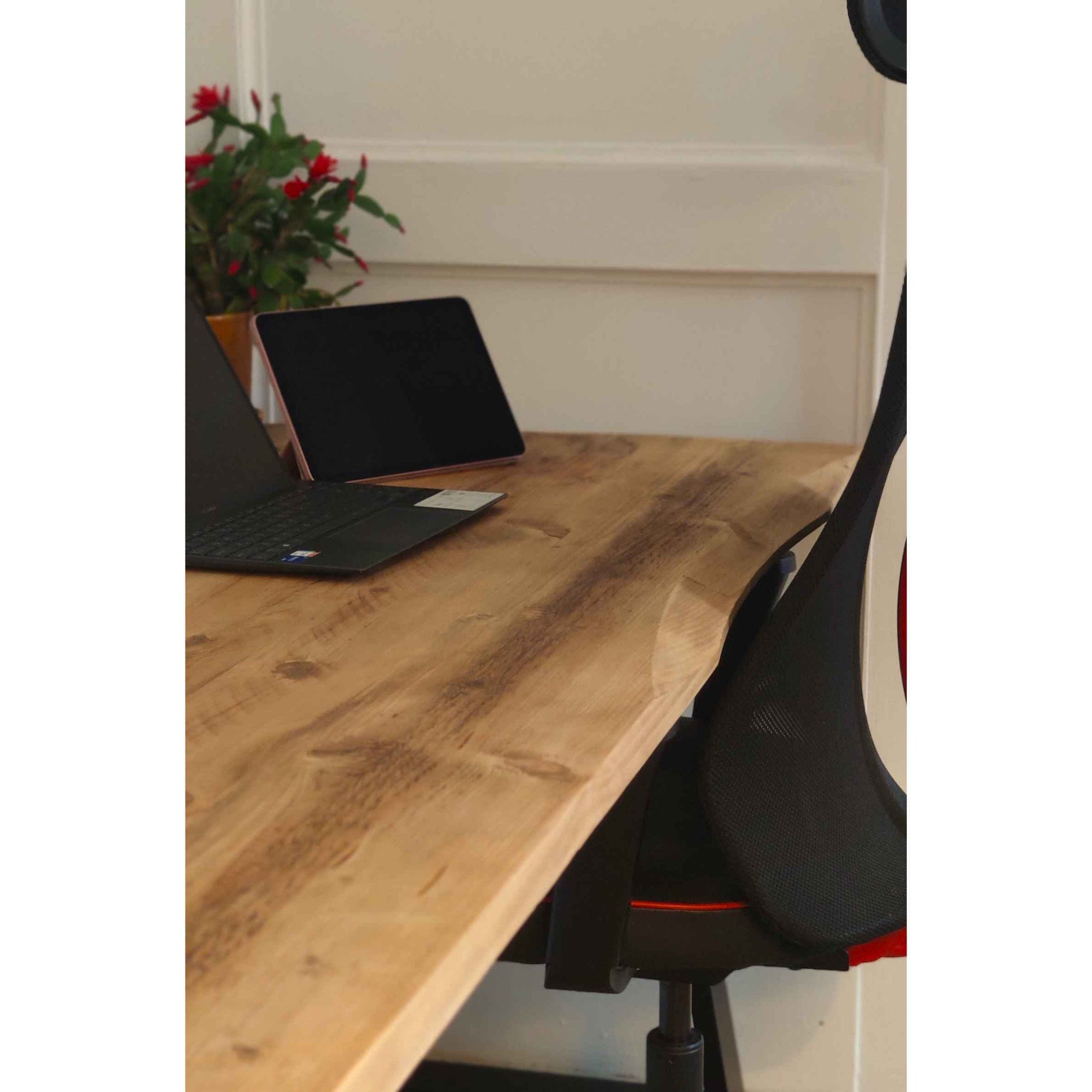 Reclaimed Bevelled Edged Desk with Trapezium Legs and Cabling Holes