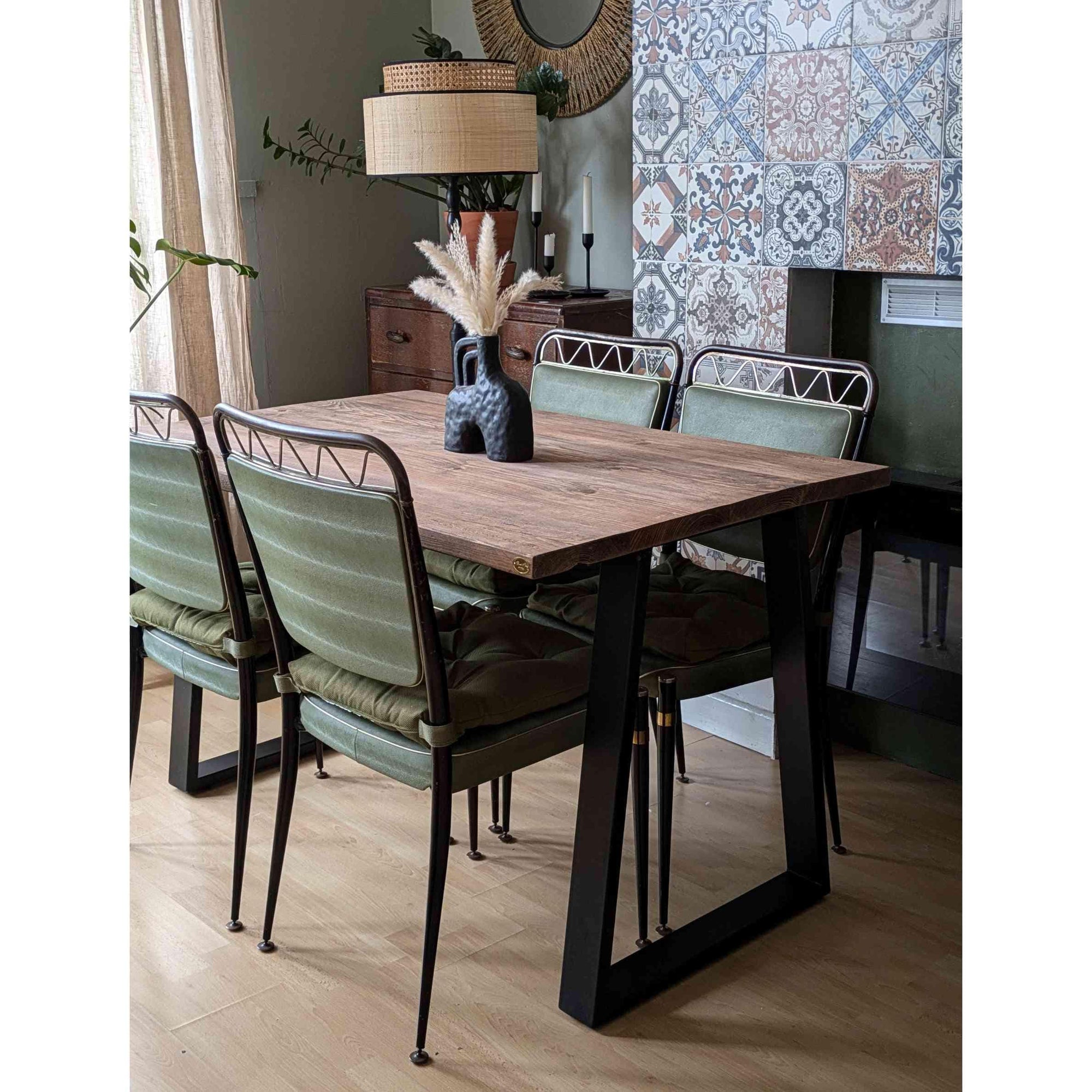 Reclaimed Dining Table with Black Trapezium Legs, Customisable Sizes and Finishes