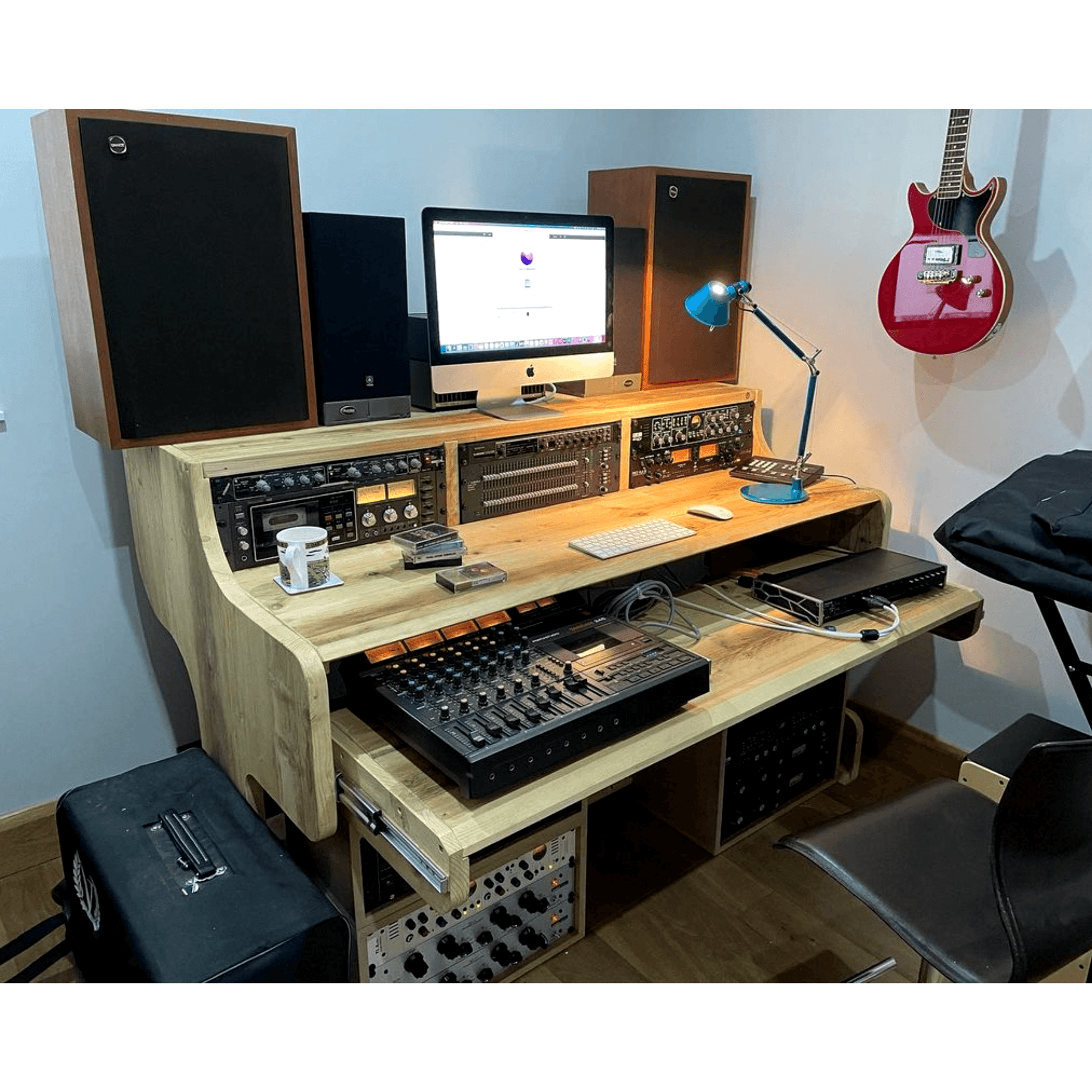 LUNA: Reclaimed Musician's Studio Desk/ 3 Tier Workstation with Monitor Stand, Keyboard Tray and Spaces for Electronics
