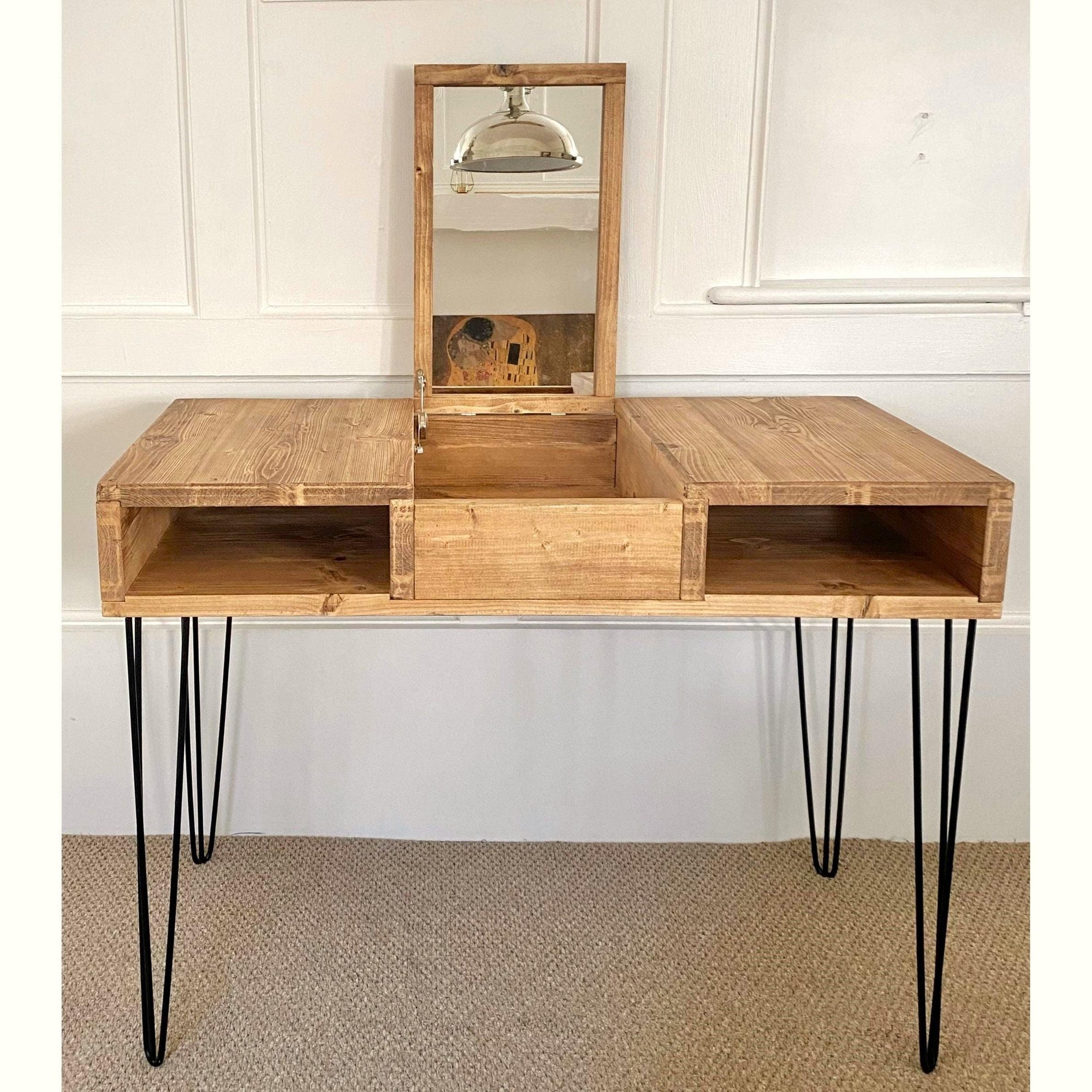 Reclaimed Wood Dressing Table with Mirror and Hairpin Legs