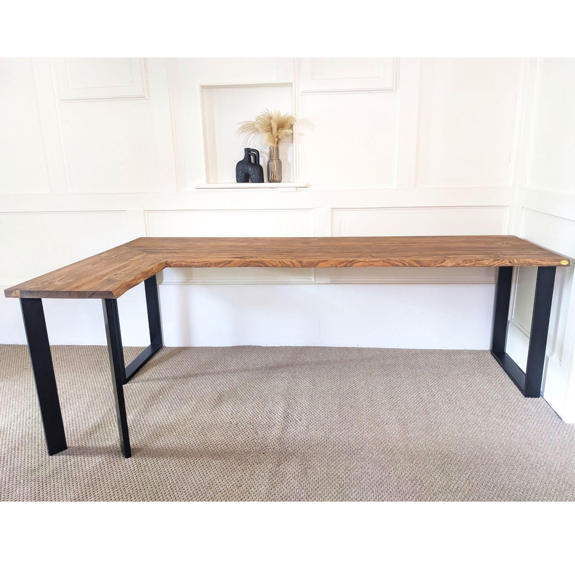 Reclaimed Corner Desk with Black Steel Legs + Uneven Edges, Customisable Sizes and Finish