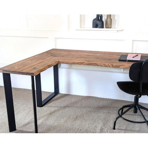 Reclaimed Corner Desk with Black Steel Legs + Uneven Edges, Customisable Sizes and Finish