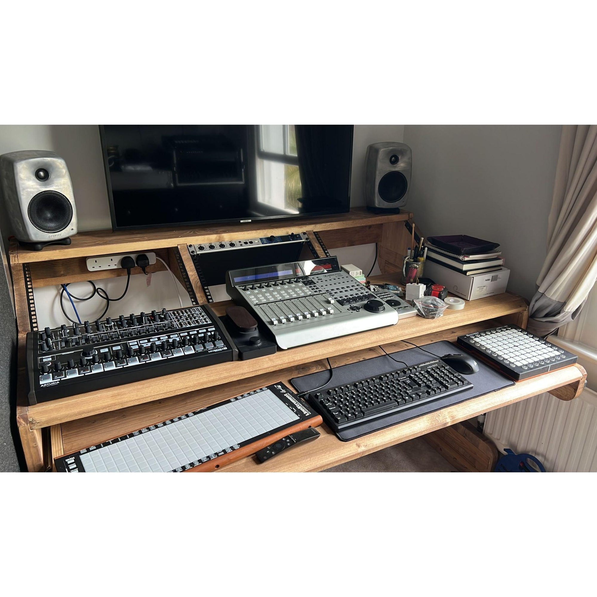 NOVA: Musician's Studio Desk with Rugged Keyboard Tray, Monitor Stand and 6U Racks, 3 Tiered made from Reclaimed Wood