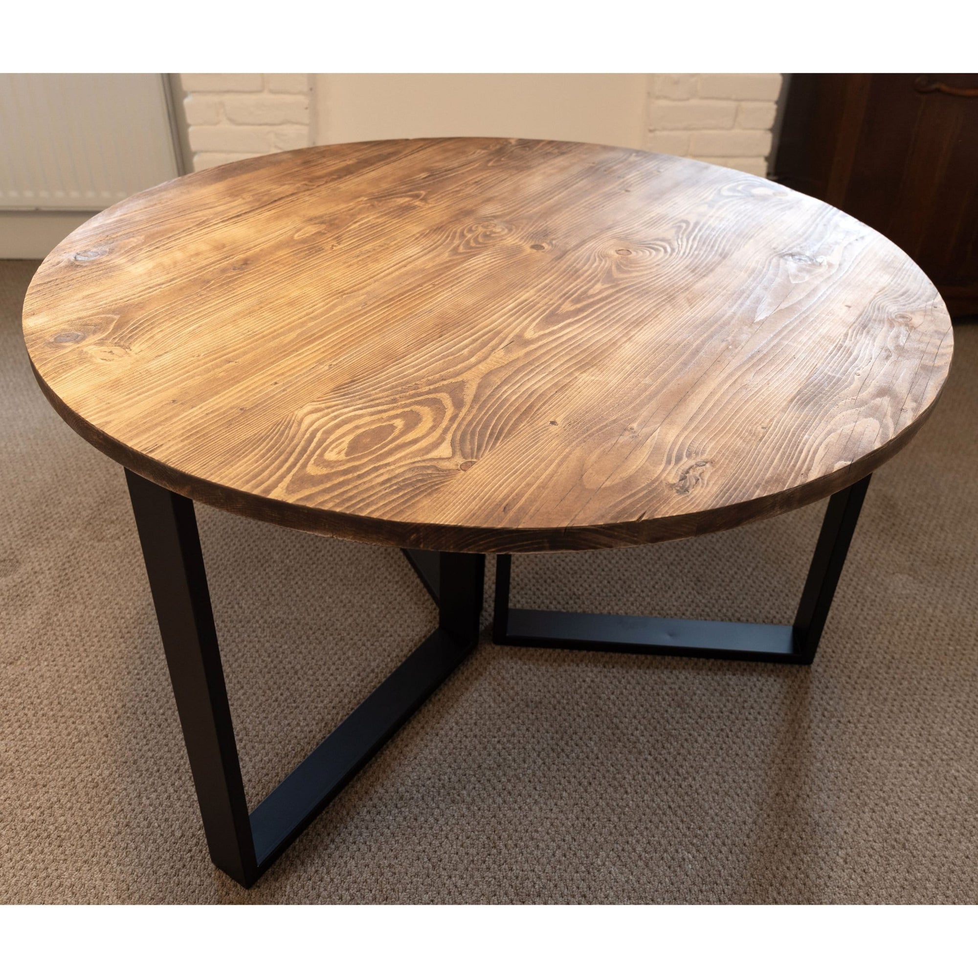 ASTRID: Round Reclaimed Wood Table with Box Steel Legs, Made in the UK