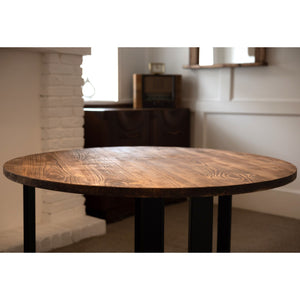 ASTRID: Round Reclaimed Wood Table with Box Steel Legs, Made in the UK